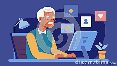 An older man scrolling through photos on his computer reminiscing about old memories as he has just learned how to Vector Illustration