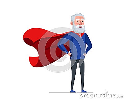 Older man in superhero costume wearing red cape. Super hero elderly male. Strong healthy old grandpa. Cool retired Vector Illustration