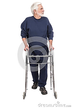 Older Man With Walker Looking Camera Right Isolated On White Stock Photo