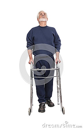 Older Man With Walker Looking Up Isolated On White Stock Photo