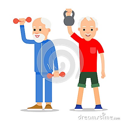 Older men perform exercises to weight lifting. Adult people in v Vector Illustration