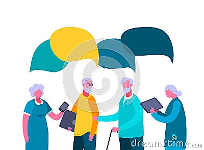 Older people chat online discuss speech bubble. Ederly two men and woman with smartphone laptop discussing. Vector Illustration