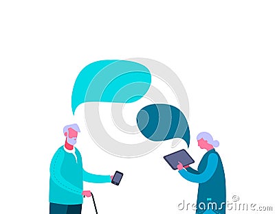 Older people chat online, speech bubble. Elderly man with smartphone communicates woman with tablet. Vector Illustration