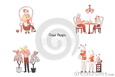 Older people - elderly people knitting, drinking tea, playing violin and making exercises with grandchildren vector concept set Vector Illustration