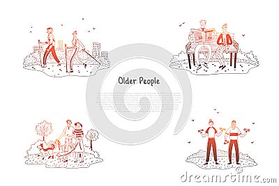 Older people - elderly people making exercises, walking, reading and having active lifestyle vector concept set Vector Illustration