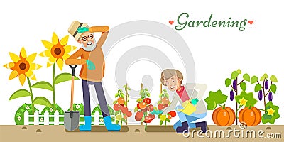 Older people life style vector flat illustration gardening and pleasure enjoyment. Grandpa and Granny in the garden Vector Illustration