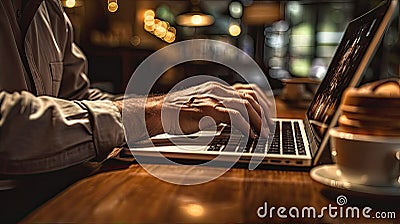 Older people use a laptop in a café. Close-up of a man working on a laptop in a cafe. Generative AI. Stock Photo