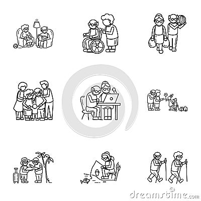 Older person life icon set, outline style Vector Illustration