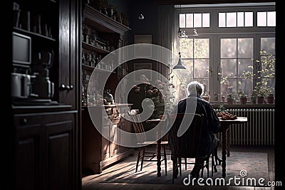 Older person looking through the door of his house. Widowed elderly man missing our loved ones. Feeling of loneliness, sadness, Stock Photo