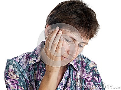 Older woman with downcast eyes - white background Stock Photo