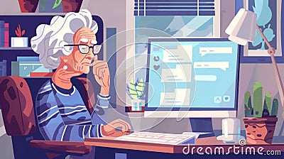 Older woman using computer software to send texts via messaging app. Illustration of female elderly using computer Stock Photo