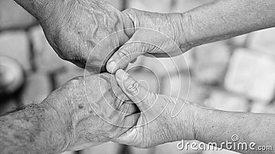 Olderly couple holding hands during walking. Love concept. Concept of take care mature together Stock Photo