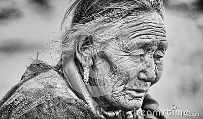 The oldest lady from Korzok village, recognized as holy. Editorial Stock Photo