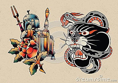 Old Skool Tattoo flash set vector illustration poster template Cartoon Illustration