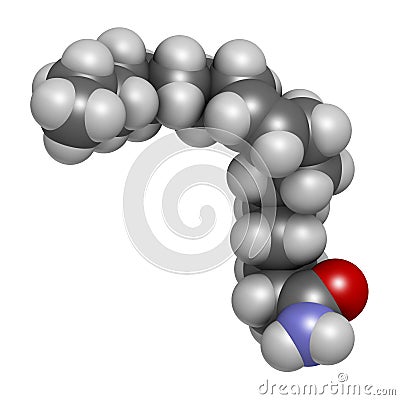 Oleamide molecule. 3D rendering. Atoms are represented as spheres with conventional color coding: hydrogen white, carbon grey Stock Photo