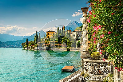 Oleander flowers and villa Monastero in background, lake Como, Varenna Stock Photo