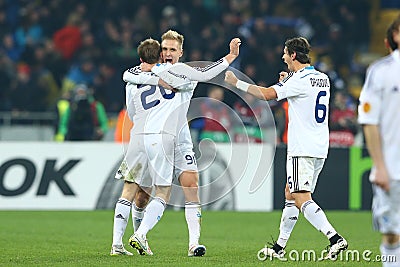 Oleh Gusev, Lukasz Teodorczyk and Aleksandar Dragovic celebrating scored goal, UEFA Europa League Round of 16 second leg match bet Editorial Stock Photo