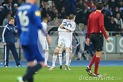 Oleh Gusev and Lukasz Teodorczyk celebrating scored goal, UEFA Europa League Round of 16 second leg match between Dynamo and Evert Editorial Stock Photo