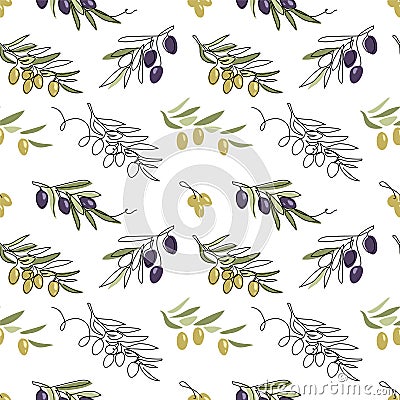 Oliva vector seamless pattern. Green and black olive tree branches on white background. One continuous line art drawing Vector Illustration