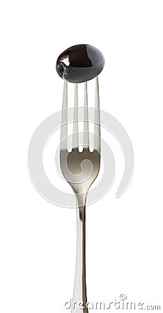 Olive black whole impaled on a fork isolated on white background with clipping path Stock Photo