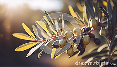 Olive branch close up in a tree plantation, young plants, ecological plantation, biodynamic agriculture Stock Photo