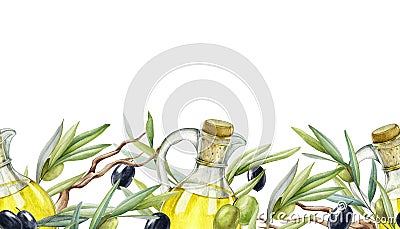 Olive branch, fruit, leaves, oil seamless border. Black and green raw organic olive plant endless element. Mediterranean Stock Photo