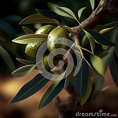 Olive branch with green olives wet from the morning rocio - Generated Artificial Intelligence - AI Stock Photo