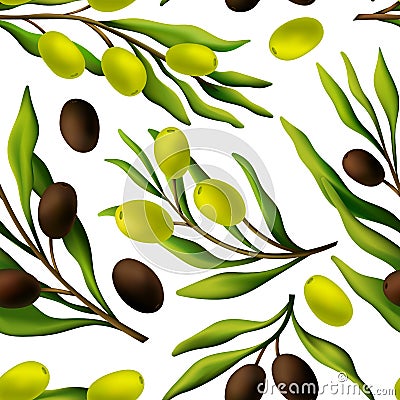 Olive branches seamless pattern. Olives and leaves, green and black fresh natural raw food. Italy spain or greek symbols Vector Illustration