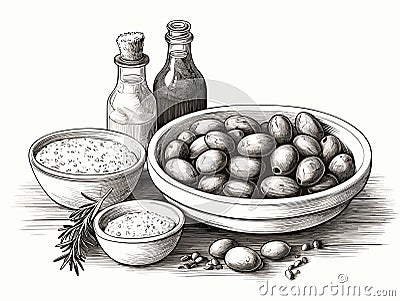 Olive brunch in engraving style element in hand-drawn style Vector Illustration