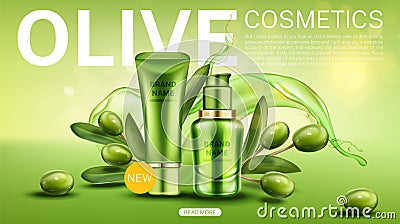 Olive cosmetic bottles natural beauty product line Vector Illustration