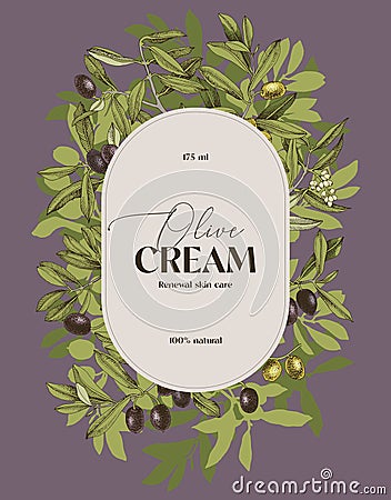 Olive cosmetics label design over olive branch Vector Illustration