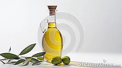 Olive fresh extra virgin oil in a glass bottle and green olives with leaves on white background. Stock Photo