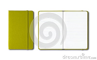 Olive green closed and open lined notebooks isolated on white Stock Photo