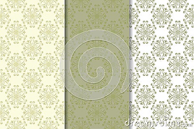 Olive green floral designs. Set of seamless patterns Vector Illustration