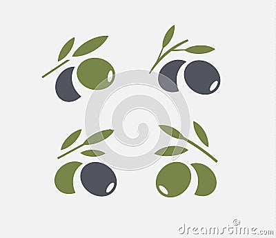 Olive logo set. Black ripe and green olive branch with leaves. Gourmet food emblems. Simple logotype design. Vector Illustration