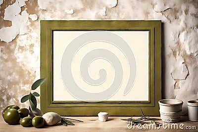 Olive mockup poster frame, vintage bricked wall background, texture ,gradient. AI Generated. Stock Photo