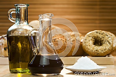 Olive Oil, Balsamic Vinegar, Salt and Rustic Bread Stock Photo