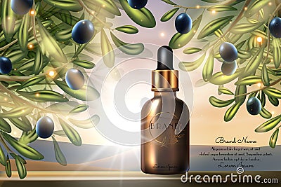 Olive oil beauty product, cosmetic pack vector illustration, realistic 3d promo design with glass package bottle for Vector Illustration