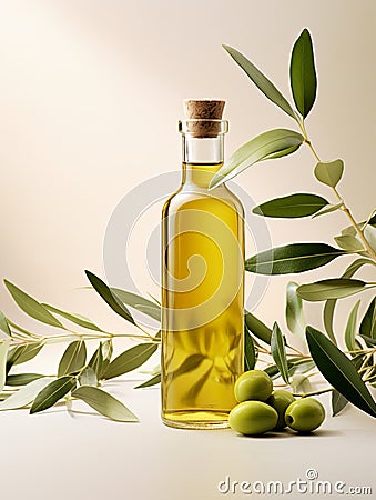 Olive oil bottle adorned with fresh olive tree leaves and plump olives, capturing the essence of healthy Mediterranean cooking. Stock Photo