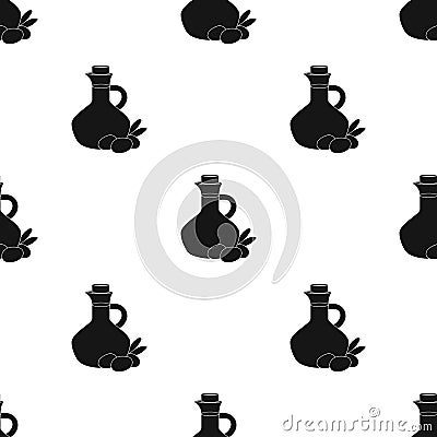 Olive oil bottle with black olives icon in black style isolated on white background. Greece pattern stock vector Vector Illustration