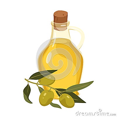 Olive oil in bottle and branch with fruit and green leaves, glass jar with cork lid Vector Illustration