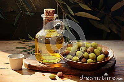Olive oil bottle, olives and branch on a wooden table Stock Photo