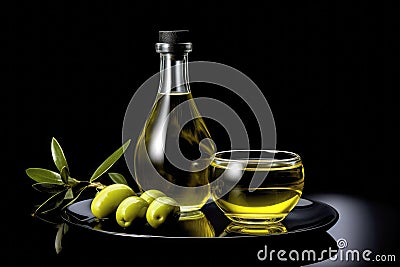 olive oil bottle, olives and olive branch on a black background. Stock Photo