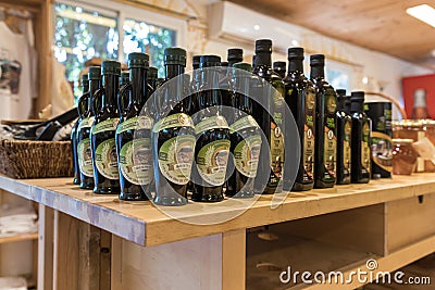 Olive oil bottles in a store at the entrance to the Tel Shilo Archaeological Site in Samaria region in Benjamin district, Israel Editorial Stock Photo