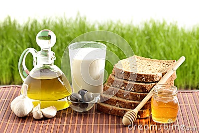 Olive oil, bread, garlic Stock Photo