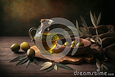 Olive oil in a carafe, still life concept with green olives, branch, leaves and oil in a glass bottle. Generative Ai Stock Photo