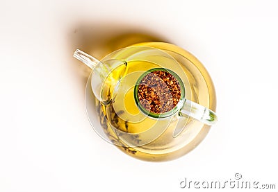 Olive oil decanter shoot from above Stock Photo