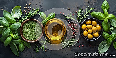 Olive oil with fresh herbs and spices rosemary and basil leaf, pepper and green olives, mediterranean food ingredients Stock Photo