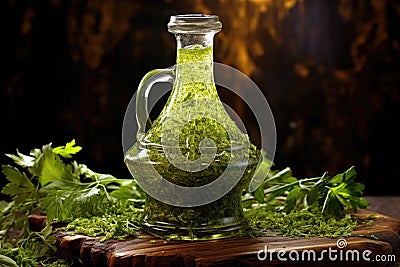 olive oil in a glass bottle, drizzled over pesto Stock Photo