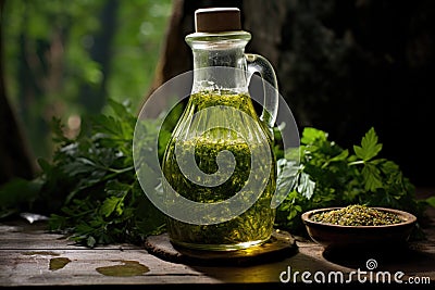 olive oil in a glass bottle, drizzled over pesto Stock Photo